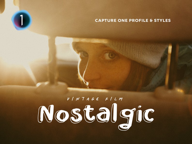 May include: A vintage film style Capture One profile and style called "Nostalgic". The image shows a person's eye looking out from behind a car seat.