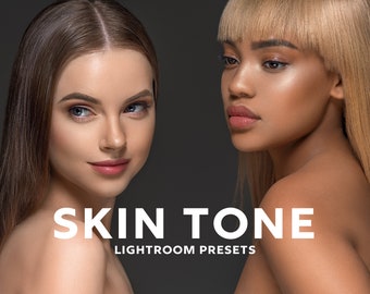 Puede incluir: Dos mujeres con diferentes tonos de piel, una con piel clara y cabello largo y castaño, la otra con piel más oscura y cabello corto y rubio, se muestran en un retrato de primer plano. El texto "SKIN TONE LIGHTROOM PRESETS" se muestra debajo de las mujeres.