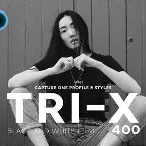 May include: Black and white photo of a person wearing a black shirt and blue jeans. The text "CAPTURE ONE PROFILE & STYLES" is above the text "TRI-X" and "BLACK AND WHITE FILM 400".