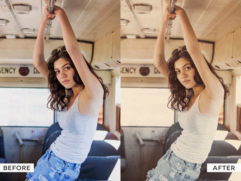 May include: A woman with long brown hair is wearing a white tank top and blue denim shorts. She is holding onto a metal bar on a bus. The word "EMERGENCY" is visible on the bus.