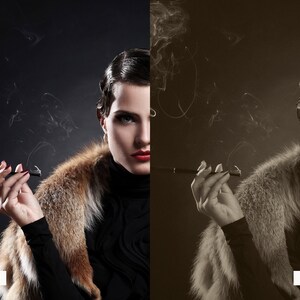 Pu&ograve; includere: Una donna con un maglione a collo alto nero e un colletto di pelliccia tiene un porta sigarette nella mano destra. Guarda la fotocamera con un'espressione seria. Lo sfondo &egrave; grigio scuro.