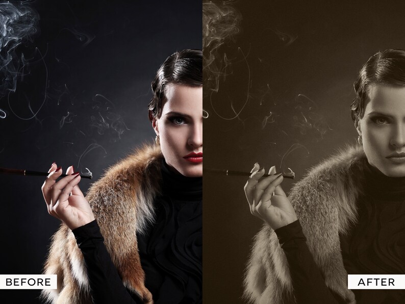 Pu&ograve; includere: Una donna con un maglione a collo alto nero e un colletto di pelliccia tiene un porta sigarette nella mano destra. Guarda la fotocamera con un'espressione seria. Lo sfondo &egrave; grigio scuro.
