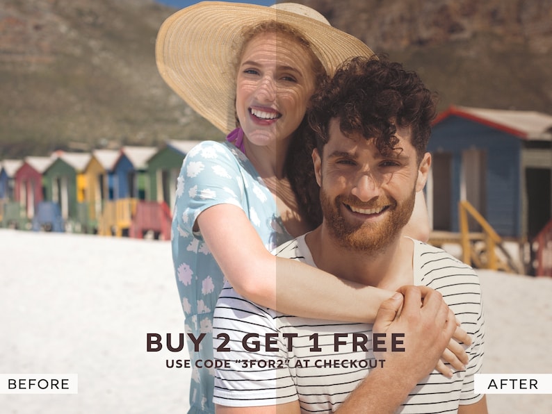 May include: A couple smiles for the camera on a beach with colorful beach huts in the background. The woman is wearing a straw hat and a light blue floral print shirt. The man is wearing a striped shirt. The text "BUY 2 GET 1 FREE USE CODE "3FOR2" AT CHECKOUT" is displayed below the couple.