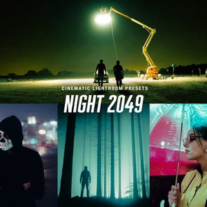 Op de afbeelding: Een set van drie cinematische Lightroom-presets genaamd "Night 2049". De presets zijn ontworpen om een ​​sfeervolle, atmosferische look te creëren voor foto's die 's nachts zijn gemaakt. Het eerste preset toont een persoon met een schedelmasker in een straat in de stad 's nachts. Het tweede preset toont een silhouet van een persoon die in een donker bos staat. Het derde preset toont een persoon die een roze en blauwe paraplu vasthoudt in een donkere, regenachtige omgeving.