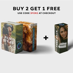May include: Buy 2 Capture One Film Styles and get 1 free. Use code 3FOR2 at checkout. The image shows three boxes with different photography styles. The boxes are labeled "Capture One Film Styles" and "Free Pack".