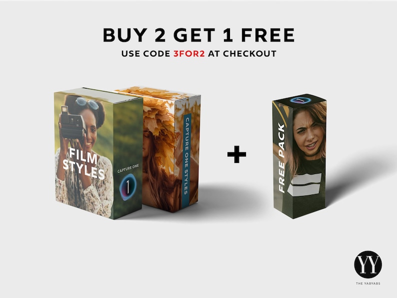 May include: Buy 2 Capture One Film Styles and get 1 free. Use code 3FOR2 at checkout. The image shows three boxes with different photography styles. The boxes are labeled "Capture One Film Styles" and "Free Pack".