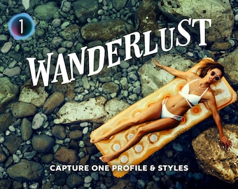 May include: A woman wearing a white bikini and sunglasses relaxes on a yellow inflatable raft in a rocky stream. The text "WANDERLUST" is written in white letters across the top of the image. The text "CAPTURE ONE PROFILE & STYLES" is written in white letters at the bottom of the image.