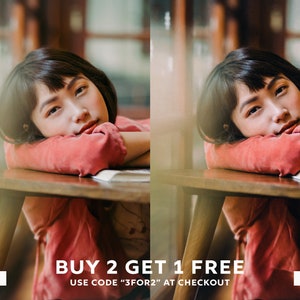 May include: Before and after image of a woman with dark hair wearing a red sweater. The image shows the effect of a photo filter. The text "BUY 2 GET 1 FREE" and "USE CODE "3FOR2" AT CHECKOUT" is displayed below the image.