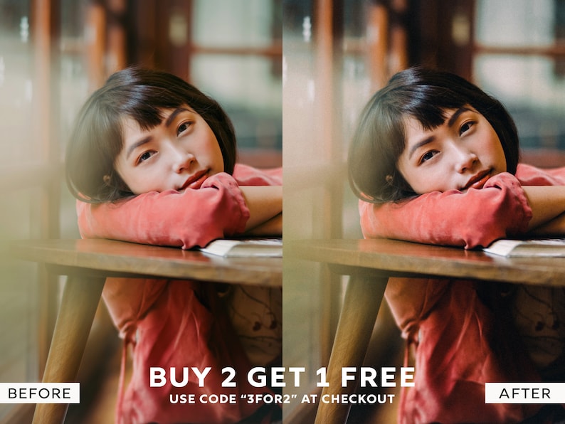 May include: Before and after image of a woman with dark hair wearing a red sweater. The image shows the effect of a photo filter. The text "BUY 2 GET 1 FREE" and "USE CODE "3FOR2" AT CHECKOUT" is displayed below the image.