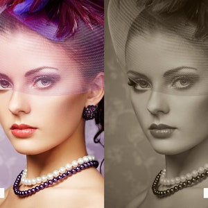 Pu&ograve; includere: Una donna con un velo rosa, un cappello con piume viola e una collana a doppio filo di perle e perline viola. L'immagine &egrave; divisa a met&agrave;, con il lato sinistro che mostra la donna a colori e il lato destro che mostra la donna in bianco e nero.