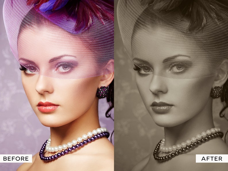 Pu&ograve; includere: Una donna con un velo rosa, un cappello con piume viola e una collana a doppio filo di perle e perline viola. L'immagine &egrave; divisa a met&agrave;, con il lato sinistro che mostra la donna a colori e il lato destro che mostra la donna in bianco e nero.