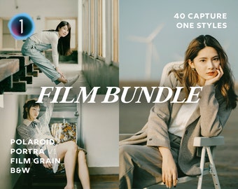 May include: A digital product bundle featuring 40 film-inspired photo editing styles. The text "FILM BUNDLE" is displayed in large white letters. The bundle includes Polaroid, Portra V1, Film Grain, and B&W styles.