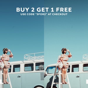 May include: A blue and white vintage van with a white ladder in front of it. A person is standing on the ladder, wearing a pink and white patterned top, a straw hat, and denim shorts. The text "BUY 2 GET 1 FREE" is at the top of the image, and the text "USE CODE "3FOR2" AT CHECKOUT" is below it.