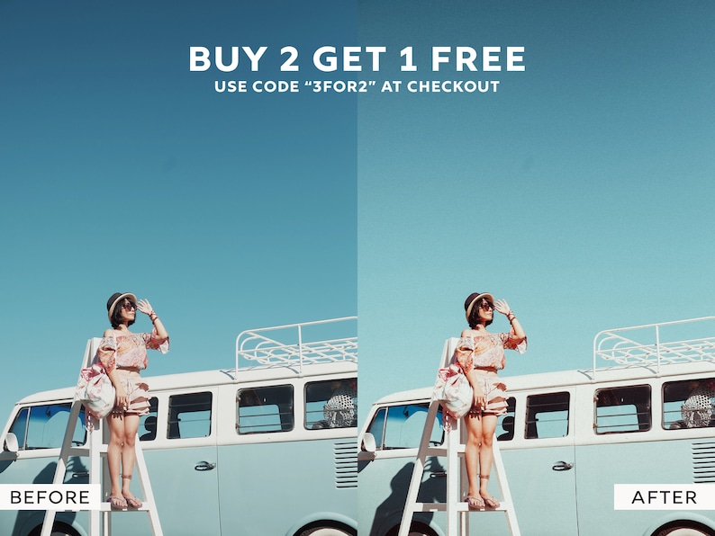 May include: A blue and white vintage van with a white ladder in front of it. A person is standing on the ladder, wearing a pink and white patterned top, a straw hat, and denim shorts. The text "BUY 2 GET 1 FREE" is at the top of the image, and the text "USE CODE "3FOR2" AT CHECKOUT" is below it.