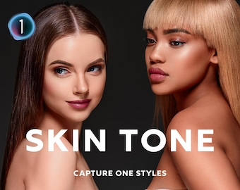 Puede incluir: Dos mujeres con diferentes tonos de piel, una con cabello castaño oscuro y la otra con cabello rubio, se muestran en un retrato de primer plano. El texto "SKIN TONE" se muestra en letras blancas grandes, con las palabras "CAPTURE ONE STYLES" debajo.