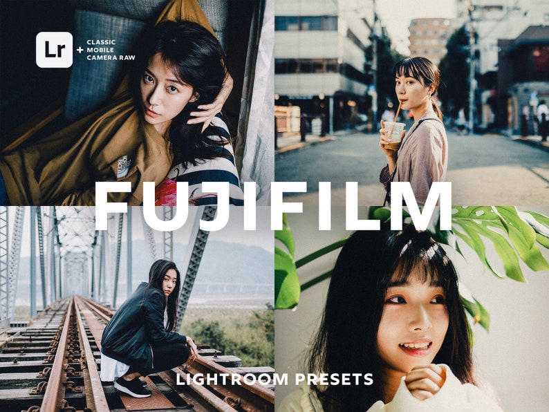 May include: A collage of images featuring people in various settings. The images are edited with a vintage film aesthetic. The text "FUJIFILM" is displayed in large white letters across the center of the collage. The text "LIGHTROOM PRESETS" is displayed in white letters at the bottom of the collage.