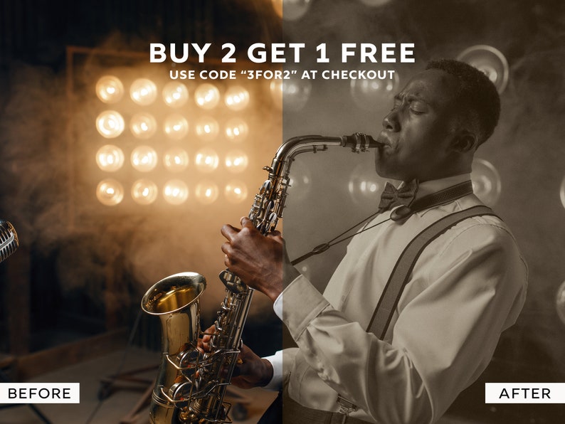 Pu&ograve; includere: Una fotografia in bianco e nero di una persona che suona un sassofono dorato. La foto &egrave; divisa a met&agrave;, con il lato sinistro a colori e il lato destro in bianco e nero. Il testo "BUY 2 GET 1 FREE" &egrave; in alto nell'immagine, con il testo "USE CODE "3FOR2" AT CHECKOUT" sotto.