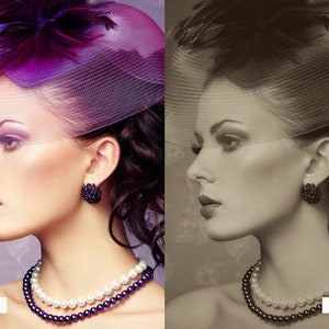 Pu&ograve; includere: Una donna indossa un cappello viola con velo e una collana di perle e perline viola. L'immagine mostra un effetto prima e dopo, con l'immagine a sinistra a colori e l'immagine a destra in bianco e nero.