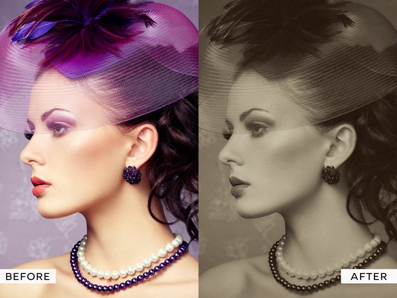 Pu&ograve; includere: Una donna indossa un cappello viola con velo e una collana di perle e perline viola. L'immagine mostra un effetto prima e dopo, con l'immagine a sinistra a colori e l'immagine a destra in bianco e nero.
