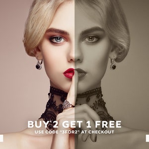 Pu&ograve; includere: Una donna con i capelli biondi e il rossetto rosso &egrave; mostrata in un'immagine divisa. Il lato sinistro dell'immagine &egrave; a colori, mentre il lato destro &egrave; in bianco e nero. Il testo "BUY 2 GET 1 FREE" &egrave; visualizzato al centro dell'immagine, con il testo "USE CODE #3FOR2" sotto. Le parole "BEFORE" e "AFTER" sono visualizzate nella parte inferiore dell'immagine.
