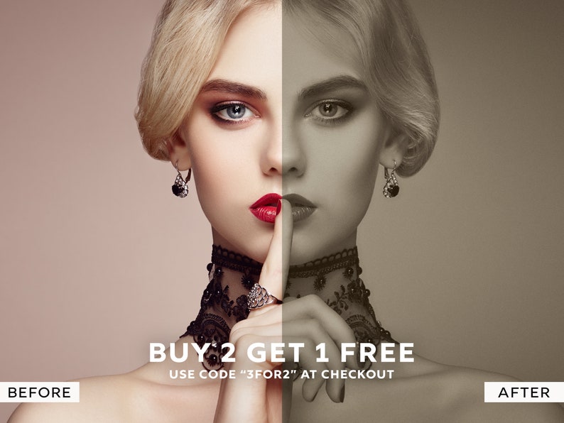 Pu&ograve; includere: Una donna con i capelli biondi e il rossetto rosso &egrave; mostrata in un'immagine divisa. Il lato sinistro dell'immagine &egrave; a colori, mentre il lato destro &egrave; in bianco e nero. Il testo "BUY 2 GET 1 FREE" &egrave; visualizzato al centro dell'immagine, con il testo "USE CODE #3FOR2" sotto. Le parole "BEFORE" e "AFTER" sono visualizzate nella parte inferiore dell'immagine.