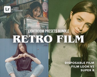 May include: A digital product bundle of Lightroom presets for creating retro film looks. The presets are inspired by disposable film, film look v1, and super 8 film. The image shows three different models with vintage film looks.