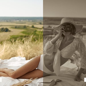 Pu&ograve; includere: Una donna con un top bianco all'uncinetto e un cappello di paglia a tesa larga posa su una coperta bianca in un campo. Sta tenendo una macchina fotografica vintage e guardando l'obiettivo della macchina.