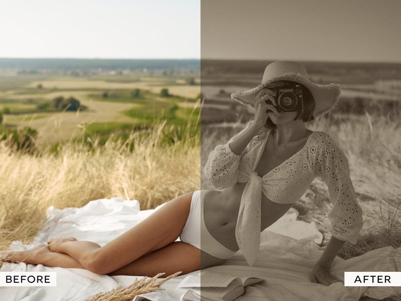 Pu&ograve; includere: Una donna con un top bianco all'uncinetto e un cappello di paglia a tesa larga posa su una coperta bianca in un campo. Sta tenendo una macchina fotografica vintage e guardando l'obiettivo della macchina.
