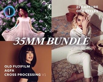 May include: A digital product bundle featuring 21 different film presets for photographers. The presets are designed to emulate the look of 35mm film, with options for old Fujifilm and Agfa cross processing. The bundle includes a variety of styles, including vintage, moody, and bright.