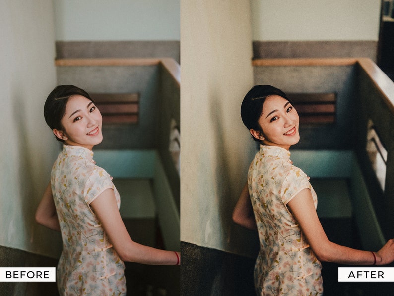 May include: A woman in a white and yellow floral dress smiles and looks over her shoulder. She is standing on a staircase with a white wall behind her.