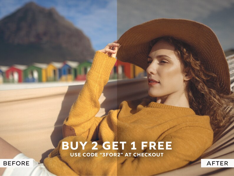 May include: A woman wearing a yellow sweater and a wide-brimmed hat relaxes in a hammock. The background features colorful houses and a mountain. The text "BUY 2 GET 1 FREE" and "USE CODE "3FOR2" AT CHECKOUT" is displayed below the image.