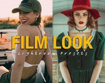 May include: Two women wearing different outfits and hats. The text "FILM LOOK Lightroom presets" is displayed in yellow on a white background.