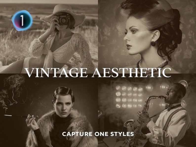 Pu&ograve; includere: Un collage di quattro immagini in stile vintage. L'immagine in alto a sinistra mostra una donna con un top di pizzo bianco e un cappello a tesa larga, che tiene una macchina fotografica vintage. L'immagine in alto a destra mostra una donna con un vestito nero e un cappello piumato, con una collana di perle. L'immagine in basso a sinistra mostra una donna con un cappotto di pelliccia e un maglione nero a collo alto, che tiene una sigaretta. L'immagine in basso a destra mostra un uomo che suona il sassofono, con una camicia bianca e un papillon. Il testo "Vintage Aesthetic" &egrave; visualizzato al centro del collage, e il testo "Capture One Styles" &egrave; visualizzato in basso.