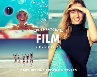 May include: A digital product for Capture One software, featuring a cross-processed film look. The product is labeled "Cross-Processed Film (X-Pro 1)" and includes a variety of styles and profiles for photographers.