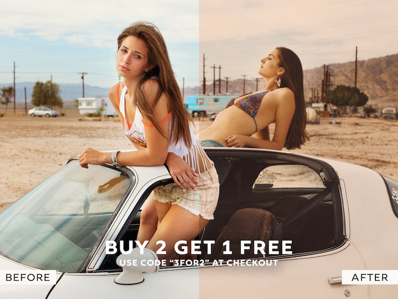 May include: Two women posing on a white vintage car in a desert setting. The woman in the front is wearing a white shirt and denim shorts. The woman in the back is wearing a bikini top. The text on the car reads "BUY 2 GET 1 FREE USE CODE "3FOR2" AT CHECKOUT".