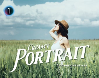 Puede incluir: Una mujer con un top blanco sin mangas y un sombrero marrón está de pie en un campo de hierba verde. El texto "CREAMY PORTRAIT" está escrito en letras blancas sobre la hierba. El texto "CAPTURE ONE STYLES" está escrito en letras negras debajo del texto más grande.