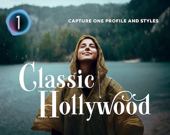 May include: A woman in a yellow raincoat stands in front of a lake with a green forest in the background. The text "Classic Hollywood" is written in white on the image. The text "Capture One Profile and Styles" is written in black at the top of the image.