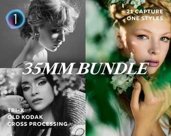 May include: A digital product bundle for photographers featuring 21 film-inspired presets for photo editing. The bundle includes presets for Tri-X, Old Kodak, and cross processing. The text "35MM BUNDLE" is displayed in white on a black background.