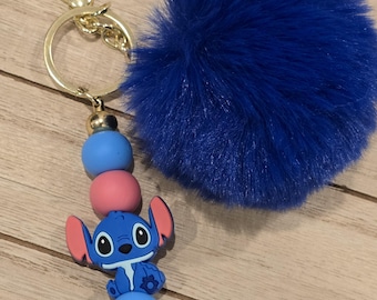 Stitch Inspired Keychain | Blue Pom Pom, Silicone Bead Bag Charm