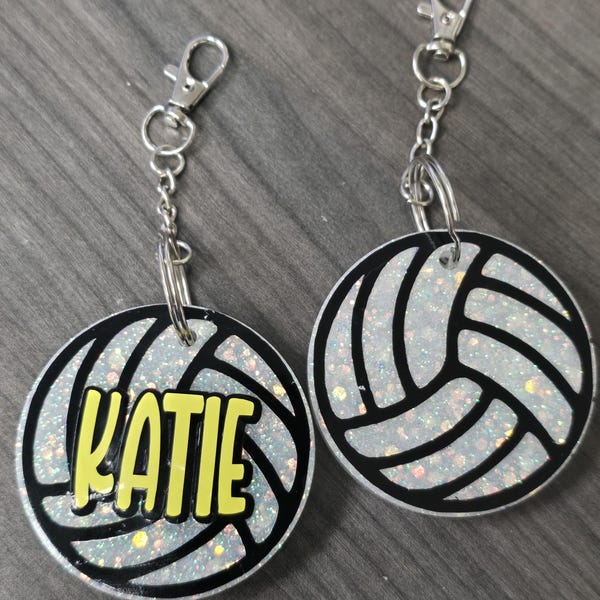 White Glittery Volleyball Keychain with Personalized Name