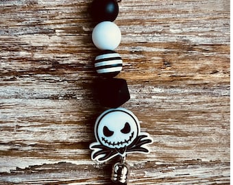 Mini llavero de silicona con borla de Jack Skellington - Blanco y negro