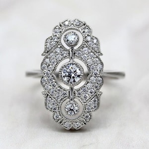 Lange vinger trouwring, filigraan drie stenen ring, vintage bezel set diamanten ring, antieke landgoed sieraden ring voor vrouwen