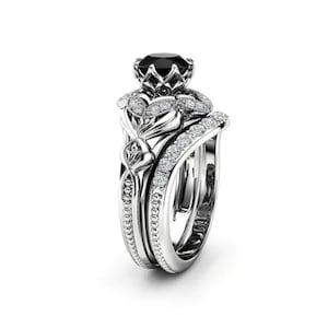 Black Diamond Engagement Ring Set, Vintage Black Stone Bridal Ring Set, Diamond Women&#39;s Ring Set, Black Diamond Couple Ring Set
