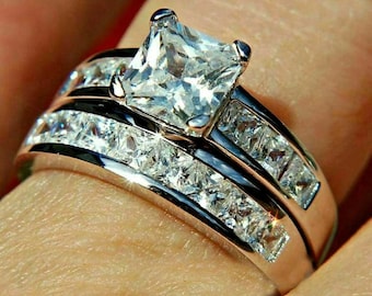 ☆TATIANA☆ Silver 925 Bright Princess Ring CR0492 2.35tc Princess Diamond Wedding Ring Set, Luxurious
