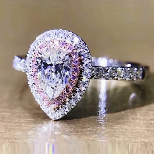 Pink Pear Diamond Double Halo Set Ring, Teardrop Pre-Engagement Ring, Valentine Gift Ring, Wedding Proposing Ring, Special for Her Ring