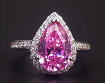 3,10Ct Pear Cut Pink Diamond Wedding Ring, Halo Pink Stone Engagement Ring, Tear Drop Shaped Ring, Halo Rings