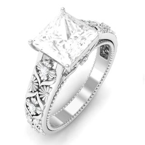 Princess Diamond Wedding Ring, Floral Design Shank Ring, Milgrain Edge Engagement Ring, Vintage Diamond Silver Ring, For Her