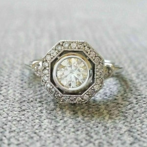 Halo Set ronde diamanten ring, milgrain rand trouwring, bezel set verloving ring, zeshoekige vorm ring, vintage geïnspireerde ring
