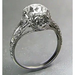 2.30Ct Round Diamond Milgrain Engagement Ring, Engrave Shank Ring Wedding Ring, Filigree Art Deco Ring, Vintage Silver Diamond Ring
