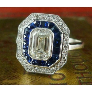 Anillo de diamantes engastados con halo de talla esmeralda de 2,00 ct, anillo de bodas con diamantes engastados en bisel, anillo vintage hecho a mano, anillo de doble halo